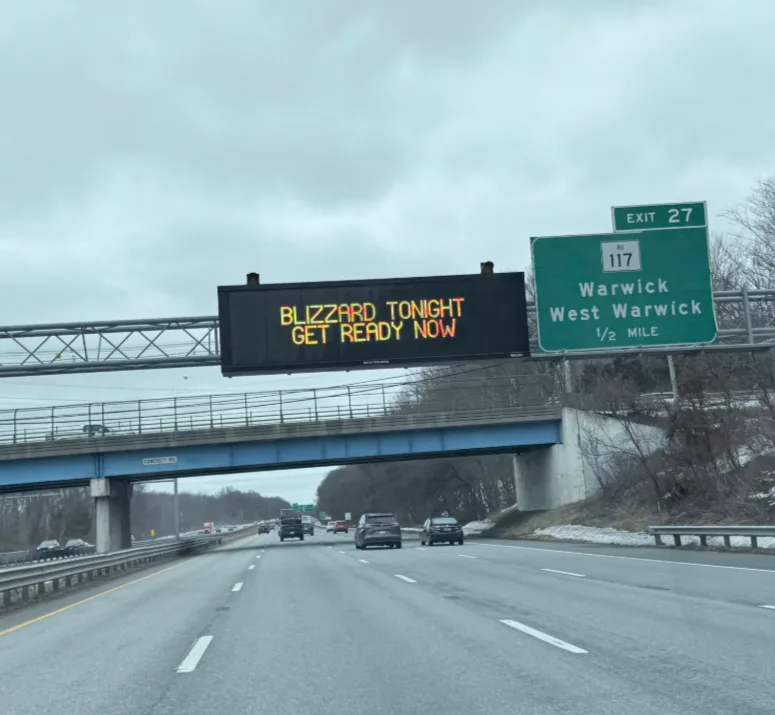 A sign on Interstate 95 warning of blizzard conditions on Feb. 22, 2026.