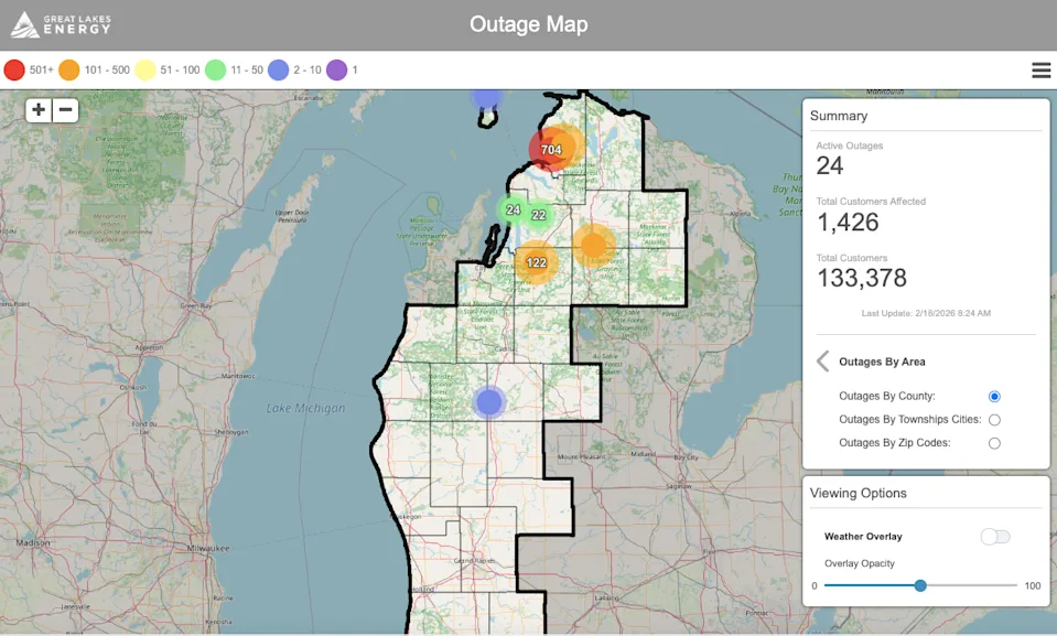 The Great Lakes Energy outage map, as of 8:30 a.m. on Feb. 18, 2026.