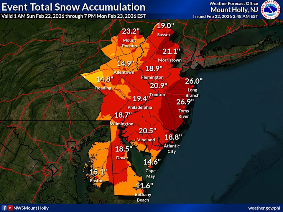 NWS Mount Holly forecast for Delaware, New Jersey and eastern Pennsylvania on Feb. 22, 2026.