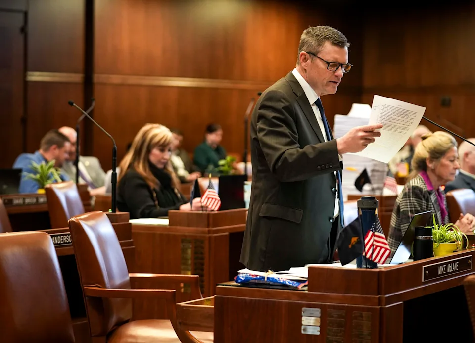 Sen. Mike McLane, R-Powell Butte, speaks in opposition of SB 1599 A on Monday, Feb. 23, 2026 at the Oregon State Capitol in Salem.