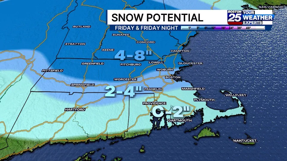 New Friday snow map for Massachusetts, then a possible bigger storm on Monday