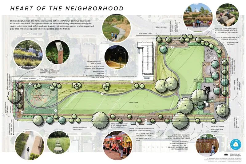 This shows the "Heart of the Neighborhood" concept that Salt Lake City is considered for Jefferson Park. | Salt Lake City Public Lands