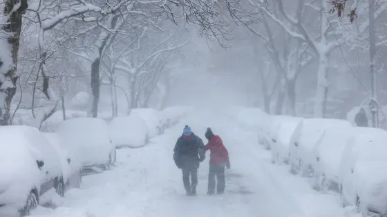 Two people walk in a snowy scene.
