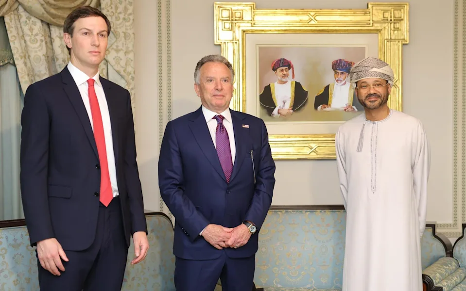Jared Kushner and Steve Witkoff, with Badr bin Hamad Al Busaidi, the Omani foreign minister, ahead of US-Iran talks on Friday