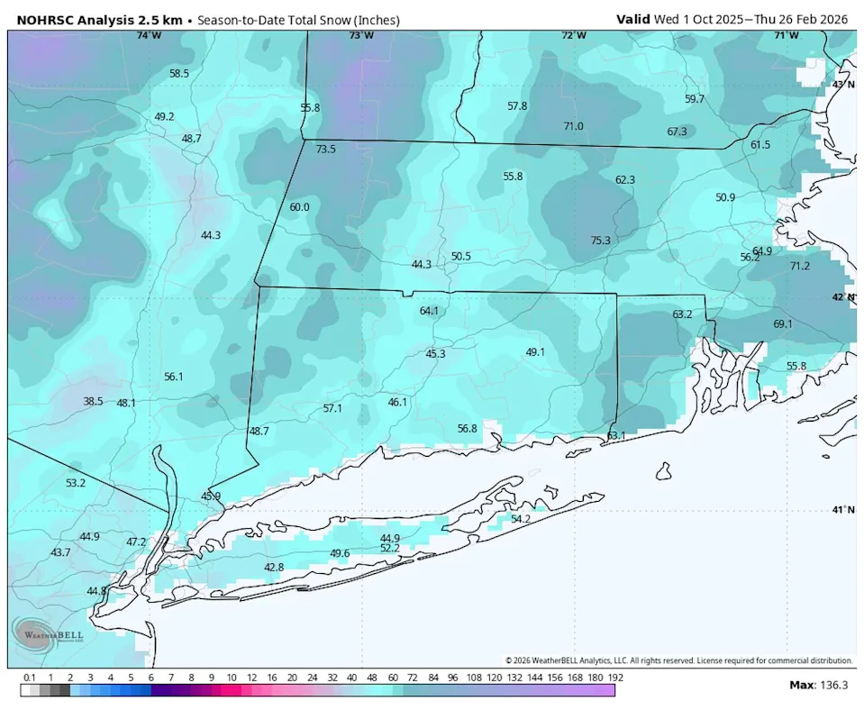 Data from the National Operational Hydrologic Remote Sensing Center (NOHRSC) shows that much of Connecticut has picked up between 45 and 65 inches of snowfall this season. (WeatherBELL)