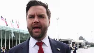 U.S. Vice President JD Vance speaks to the media before he boards Air Force Two to depart for Washington, in Baku, Azerbaijan Wednesday, February 11, 2026. (AP)