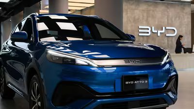 A BYD ATTO 3 electric vehicle is displayed at the BYD Pakistan Metropole Experience Center, in Karachi, Pakistan July 23, 2025. (REUTERS)