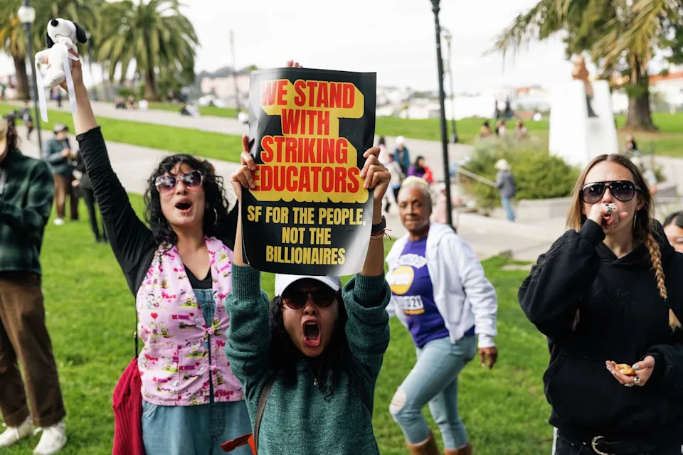 SFUSD teachers and supporters celebrate the end of their strike with a victory party at Dolores Park, in San Francisco on Feb. 13. (Lizzy Montana Myers/For the S.F. Chronicle)