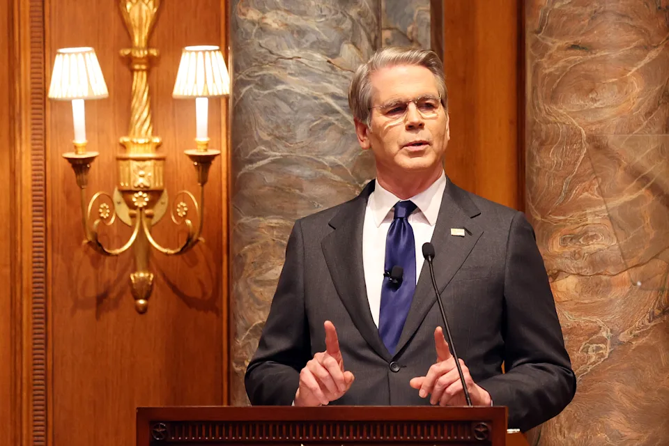 DALLAS, TEXAS - FEBRUARY 20:  U.S. Treasury Secretary Scott Bessent speaks at the Economic Club Of Dallas on February 20, 2026 in Dallas, Texas. The Treasury Secretary spoke about the economy and the Supreme Court's 6-3 ruling on a decision against President Donald Trump’s tariffs. (Photo by Richard Rodriguez/Getty Images)
