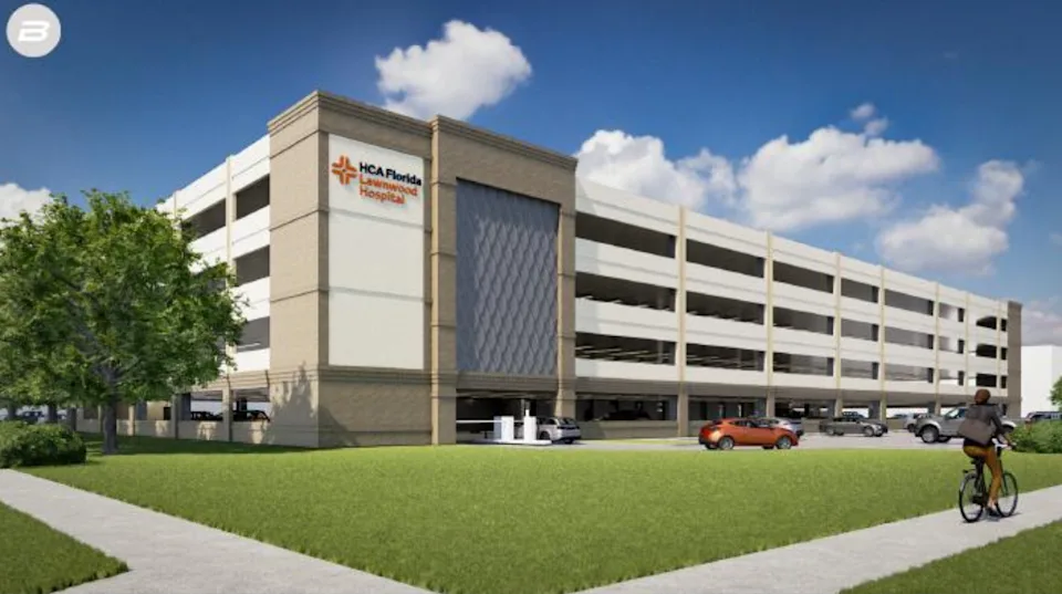 Artist's renderings show plans for a 591-car parking garage at HCA Florida Lawnwood Hospital, which is planned to open in early 2027.