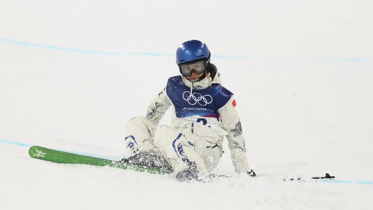 Eileen Gu of Team People's Republic of China falls in the Women's Freeski Halfpipe Qualification 1 on day thirteen of the Milan Cortina 2026 Winter Olympic games at Livigno Air Park on Feb. 19, 2026 in Livigno, Italy. 