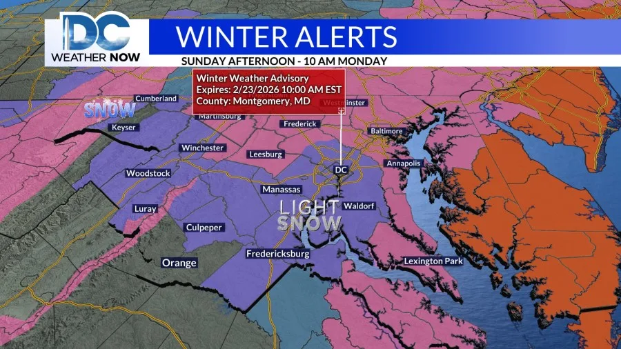 DMV First Warn is issued for Sunday PM into Monday AM