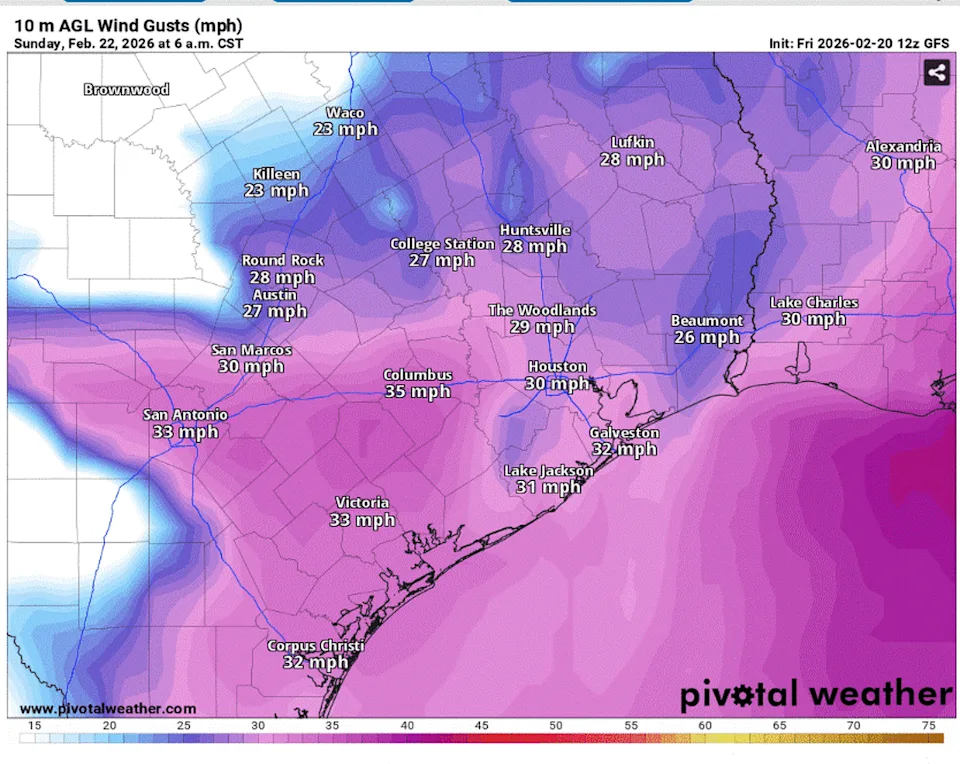 Gusty winds in South and Central Texas could be as strong as 25 to 30 mph on Sunday afternoon, especially east of Interstate 35. (Pivotal)