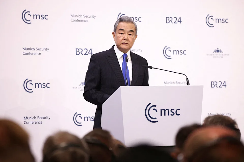 China's Foreign Minister Wang Yi speaks during the Munich Security Conference (MSC) in Munich, Germany, February 14, 2026.