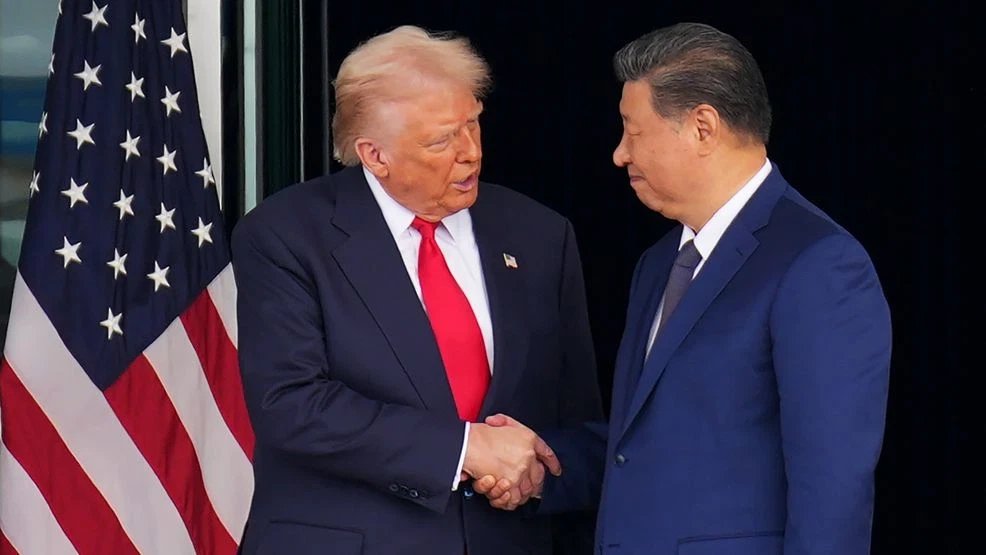 BUSAN, SOUTH KOREA - OCTOBER 30: U.S. President Donald Trump and Chinese President Xi Jinping shake hands as they depart following a bilateral meeting at Gimhae Air Base on October 30, 2025 in Busan, South Korea. Trump is meeting Xi for the first time since taking office for his second term, following months of growing tension between both countries. (Photo by Andrew Harnik/Getty Images)