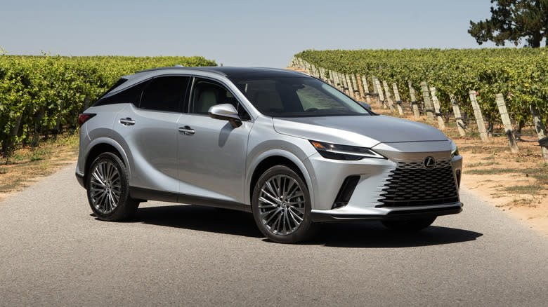 Lexus RX hybrid parked on a road cutting a vineyard, front 3/4 view, silver exterior