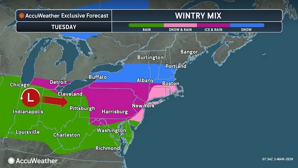 Drivers could face a slick commute on Tuesday, March 3 as wintry precipitation is in the forecast.