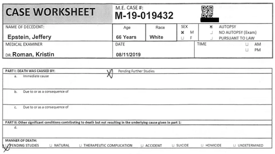 jeffrey epstein death certificate