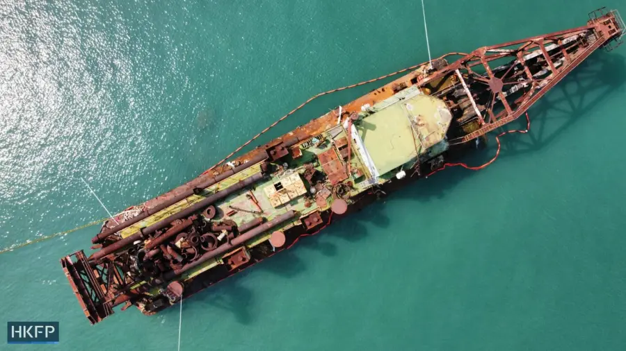 The stranded Sea Diamond dredger off Ha Mei Wan, Lamma Island, on March 16, 2026.