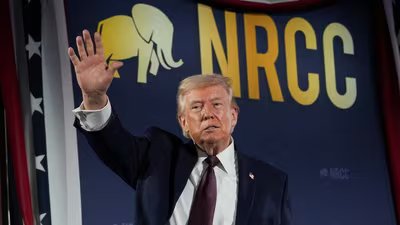 US President Donald Trump gestures during the National Republican Congressional Committee (NRCC) annual fundraising dinner in Washington DC. (Reuters)