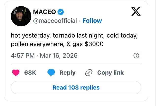 Tweet by Maceo reads: "hot yesterday, tornado last night, cold today, pollen everywhere, & gas $3000" with interactions below