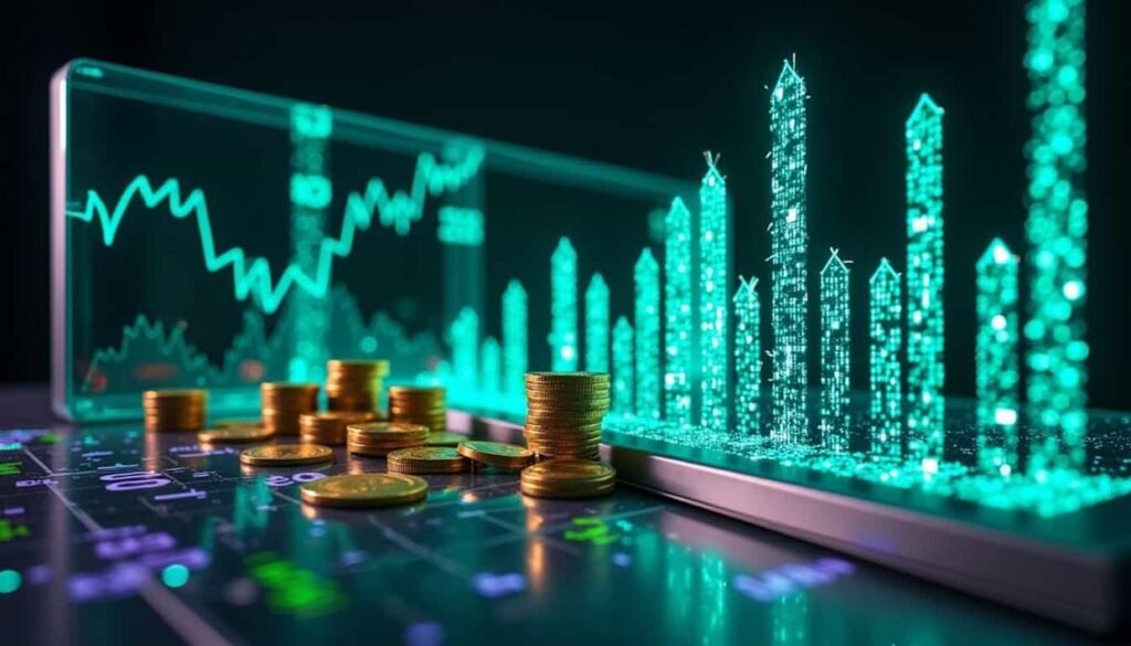 A high-tech digital financial scene with glowing teal and cyan elements. In the background, a screen displays a volatile line graph. In the foreground, numerous stacks of gold coins are arranged on a dark, reflective surface that also shows abstract glowing data points. Behind the coins, several tall, glowing teal bar graphs, resembling digital skyscrapers made of light, rise sharply, depicting market growth.