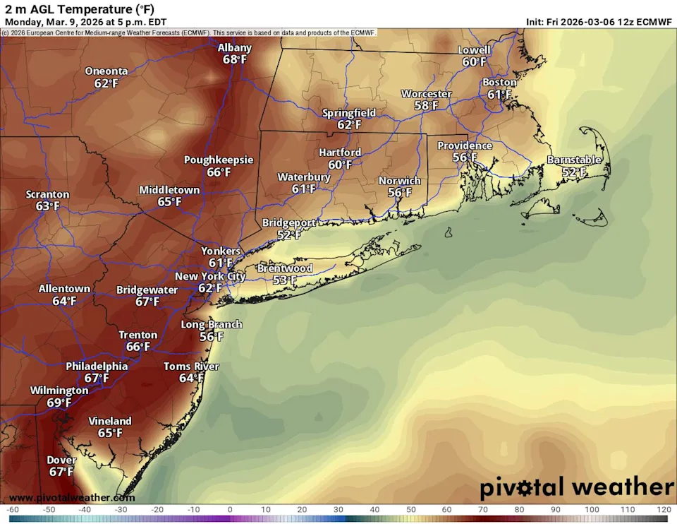Monday's temperatures could soar past 60 degrees in parts of inland Connecticut. (Pivotal Weather)