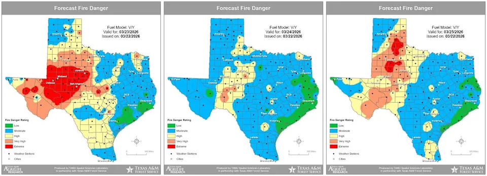 Fire risk peaked on Monday, state data shows, as crews in Bastrop County fight a 40-acre wildfire (Courtesy of Texas Weather Connection)
