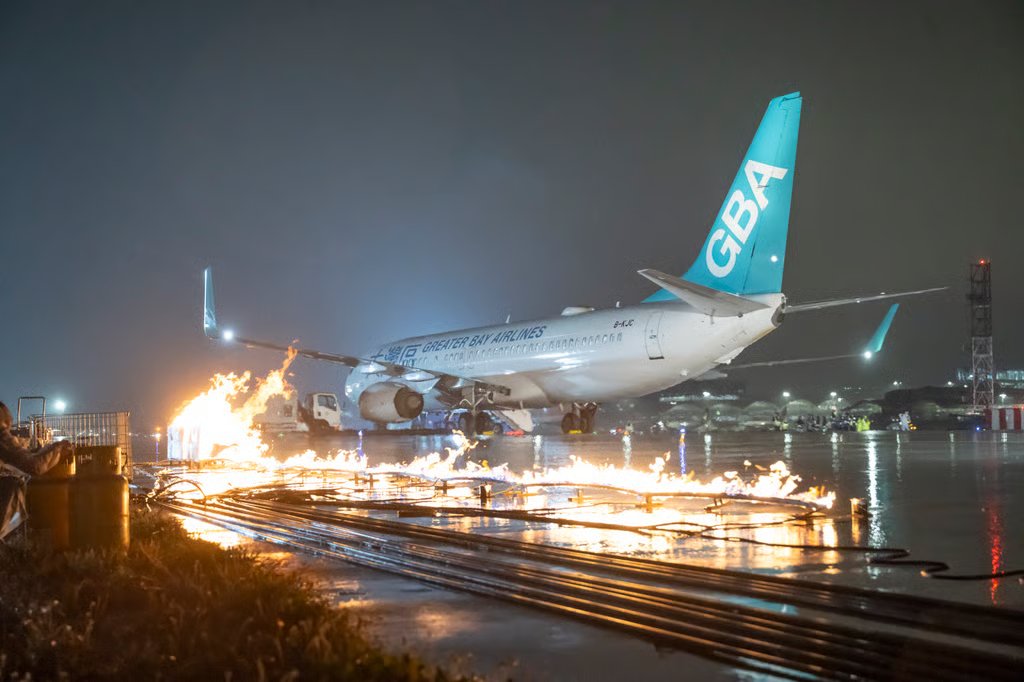 The drill simulates an emergency in which a fire is ignited after the landing gear of the plane malfunctions. Photo: Handout