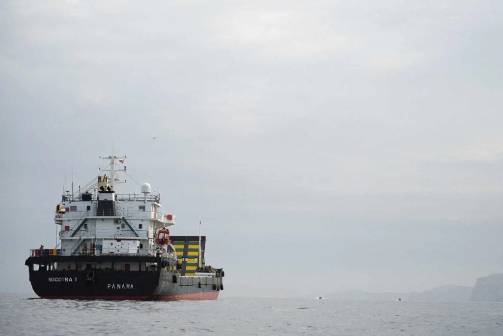 An industrial vessel at sea.