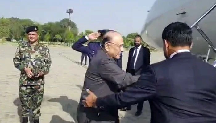 President Asif Ali Zardari boards aircraft at Lahore Airport as he departs for a five-day official visit to China on April 25, 2026. — Screengrab via Geo News