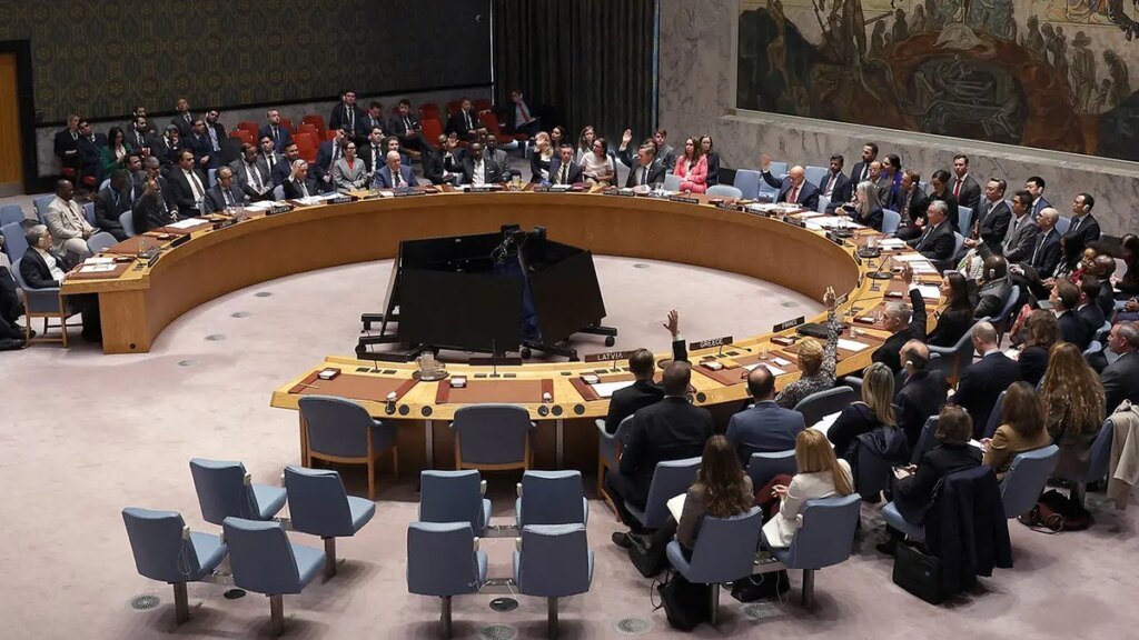 Members of the United Nations Security Council voting during a meeting at UN headquarters in New York