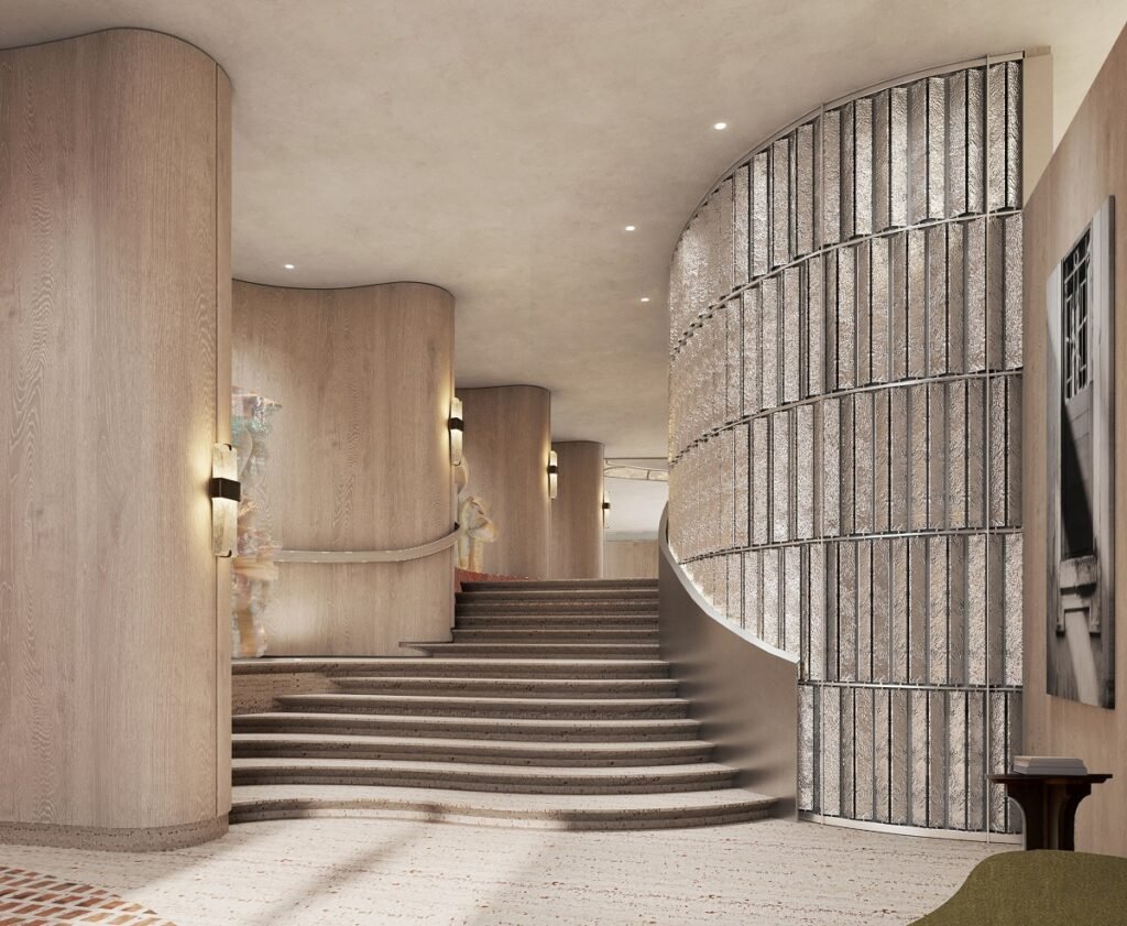 curved wall and staircase in lobby design Mandarin Oriental