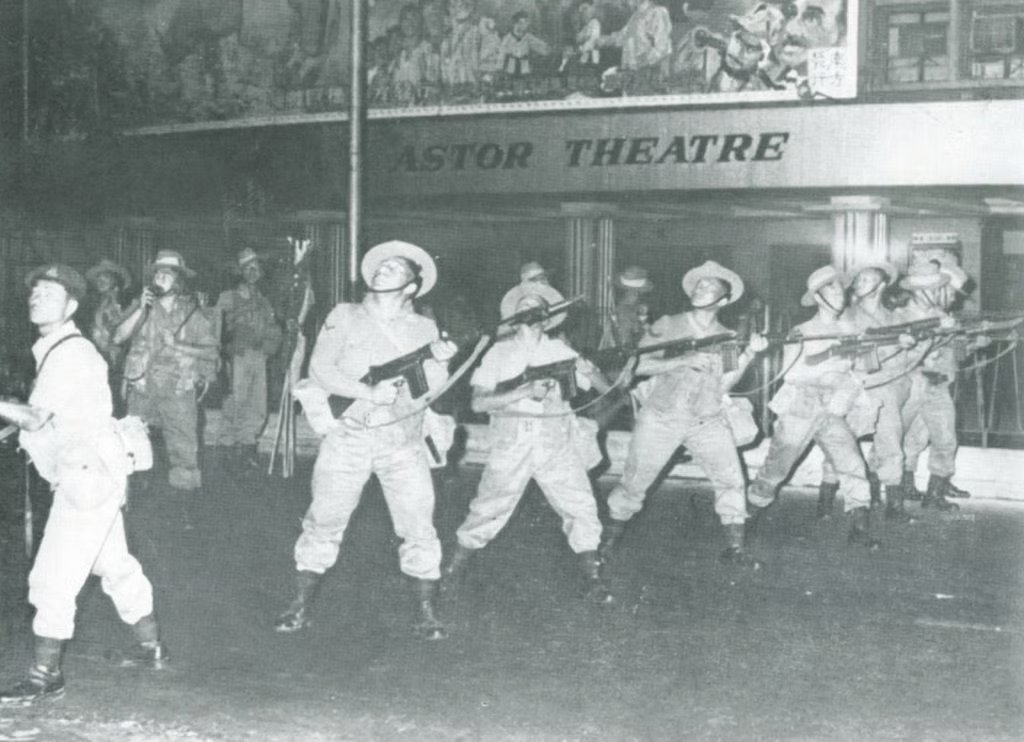 British Army Gurkha soldiers on riot control duty at Nathan Road, Kowloon, during the Star Ferry Riots, in April 1966.