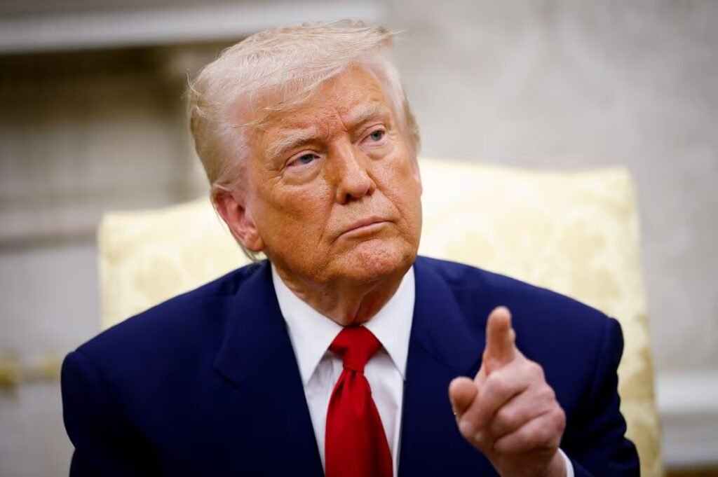 WASHINGTON, DC - APRIL 07: U.S. President Donald Trump takes a question from a member of the media during a meeting with Israeli Prime Minister Benjamin Netanyahu in the Oval Office of the White House on April 7, 2025 in Washington, DC. President Trump is meeting with Netanyahu to discuss ongoing efforts to release Israeli hostages from Gaza and newly imposed U.S. tariffs. (Photo by Kevin Dietsch/Getty Images)