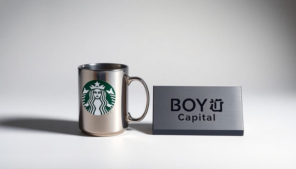 A minimalist, high-end studio still-life photograph featuring a polished metal Starbucks coffee mug and a sleek, geometric Boyu Capital logo plaque, arranged elegantly on a clean, monochromatic background with dramatic lighting and shadows, conceptually representing the strategic alliance between the two companies.