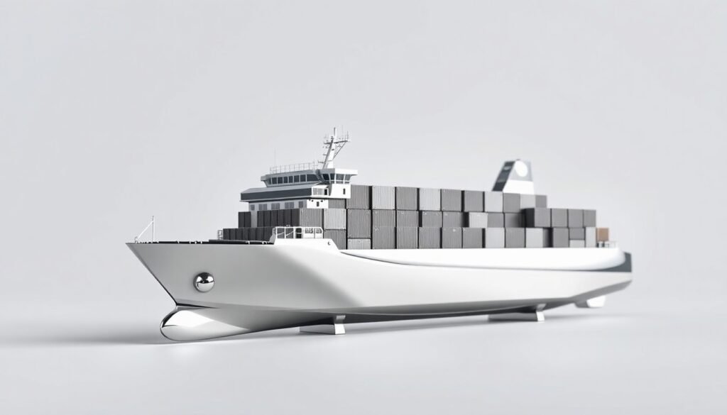 A highly detailed, photorealistic studio still life featuring a polished, geometric metal model of a container ship against a clean, monochromatic background, symbolizing the strength and precision of the global shipping industry.