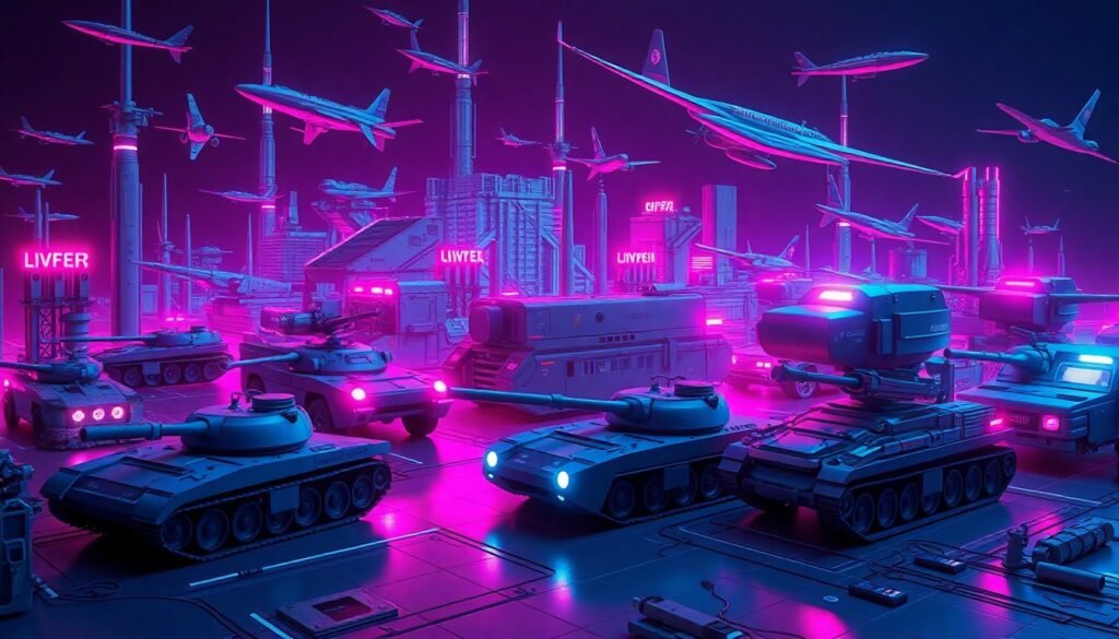 A highly detailed, glowing 3D illustration of military technology like missiles, tanks, and aircraft, illuminated by neon cyan and magenta lights, conceptually representing the U.S. defense capabilities and readiness.