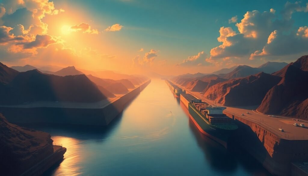 A serene, cinematic painting of the Panama Canal surrounded by lush greenery and warm sunlight, conveying the waterway's economic and geopolitical significance.