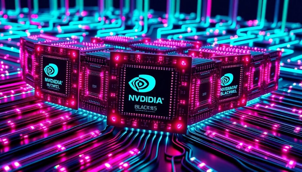 A highly detailed, glowing 3D illustration of a cluster of interconnected Nvidia Blackwell AI chips, bathed in neon cyan and magenta lights, conceptually representing the hidden digital infrastructure powering China's AI development.