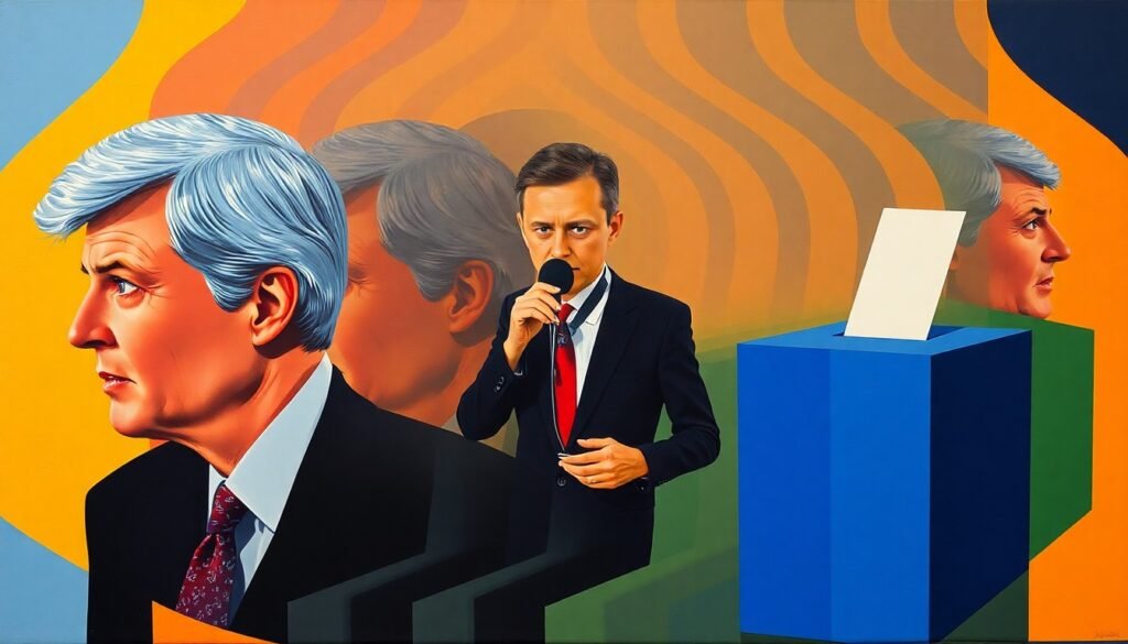 An abstract, avant-garde painting featuring overlapping, geometric shapes and waves of bold colors, representing the fractured and chaotic nature of the UK government's decision-making around local elections.