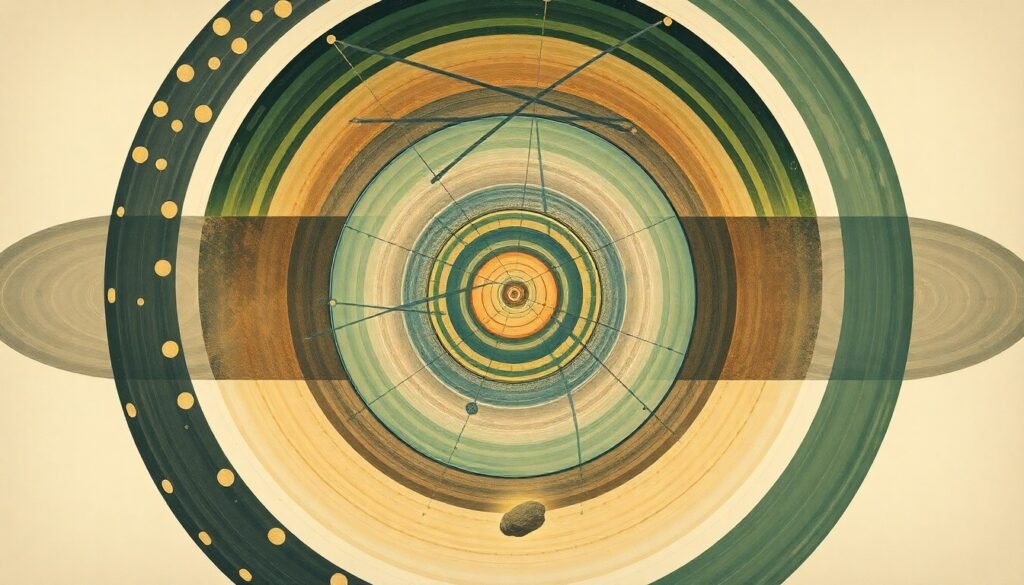 A highly textured, abstract painting in muted earth tones depicting sweeping geometric arcs, concentric circles, and intersecting waveforms, conceptually representing the complex scientific forces behind China's planned asteroid deflection mission.