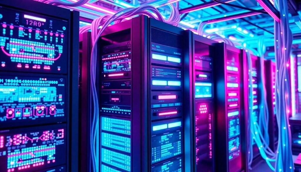 A highly detailed, glowing 3D illustration of interconnected AI hardware and infrastructure, including server racks, circuit boards, and data cables, all illuminated by vibrant neon cyan and magenta lights, conceptually representing the complex, high-tech reality of modern artificial intelligence systems.