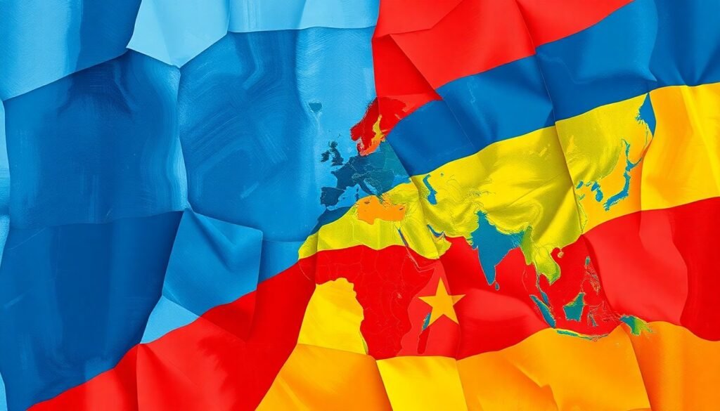 A vibrant, abstract painting featuring overlapping, fractured geometric shapes in shades of blue, red, and yellow, conveying the complex and ever-changing dynamics of the US-China geopolitical landscape.