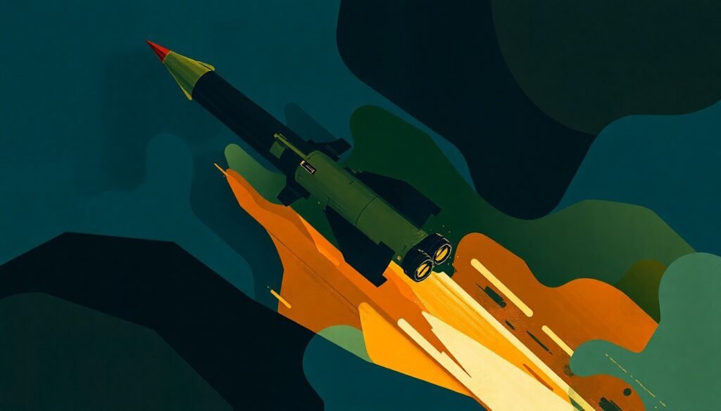 A dynamic, abstract painting featuring overlapping, fractured shapes in shades of blue, green, and orange, conceptually representing the geopolitical tensions surrounding a potential Chinese weapons transfer to Iran.