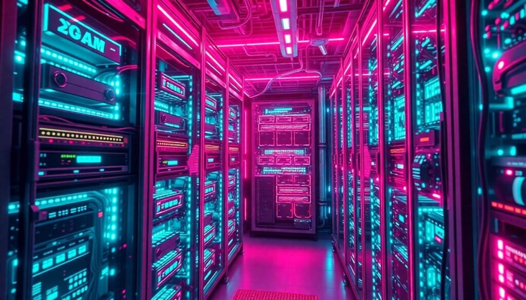 A highly detailed, glowing 3D illustration of a complex, futuristic AI data center infrastructure with neon cyan and magenta lights illuminating the intricate hardware components, conceptually representing the high-stakes nature of the AI industry and the tensions between the U.S. and China.