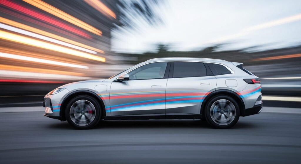 An abstract, blurred image of a Xiaomi YU7 electric SUV in motion, with streaks of vibrant colors representing the vehicle's speed and modern engineering.
