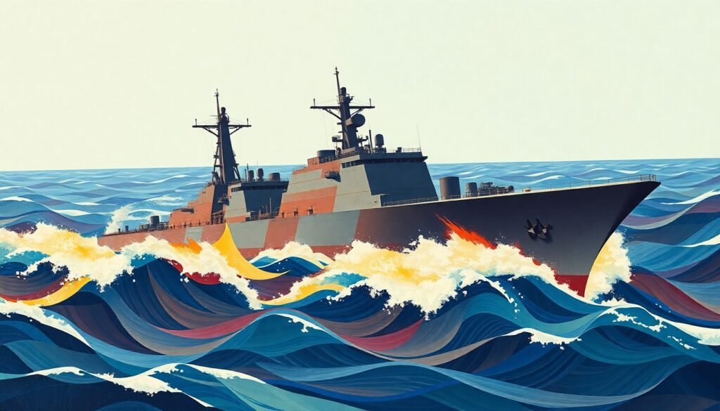 A vibrant, abstract painting depicting the fractured, geometric silhouette of a Chinese drone carrier surging through the waves, conveying a sense of motion and technological innovation.