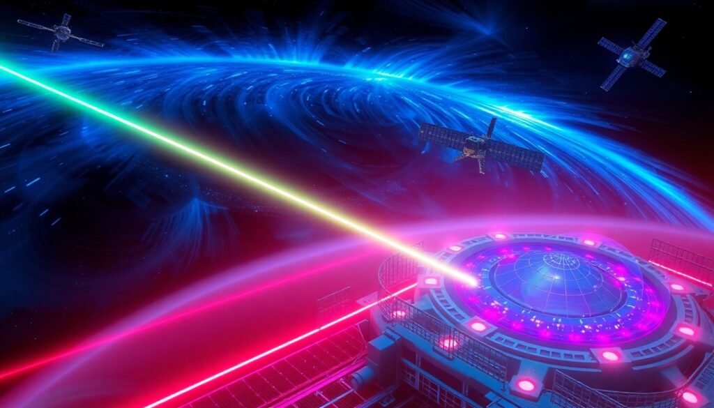 A highly detailed, glowing 3D illustration of a powerful laser beam emitting from a satellite in space, surrounded by a swirling, luminous field of atmospheric distortion. The beam is being received and reconstructed by a complex ground station with a grid of illuminated micro-mirrors, conceptually representing the innovative technology that enabled this breakthrough in satellite communications.
