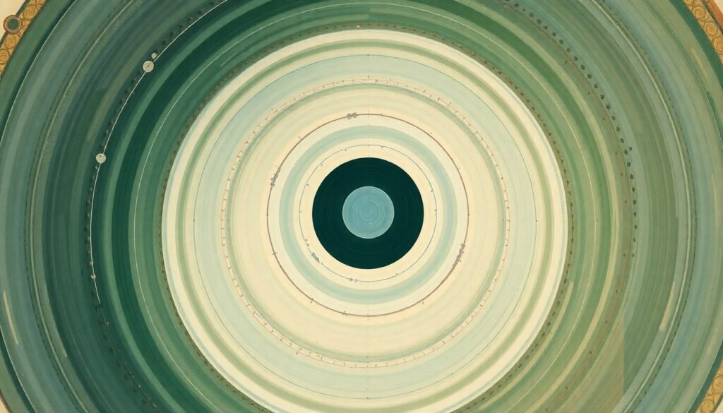 A highly structured abstract painting in soft, earthy tones of green, blue, and brown, featuring sweeping geometric arcs, concentric planetary circles, and precise botanical spirals, conceptually representing the complex scientific forces and potential of nuclear fusion technology.